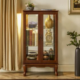 Curio Cabinet Lighted Curio Diapaly Cabinet with Adjustable Shelves and Mirrored Back Panel, Tempered Glass Doors (Walnut, 3 Tier)