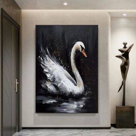 Abstract Original Black Swan Oil Painting on Canvas Swan Wall Art Decor Swan on Water Original Bird Art Swan 3D Artwork Nature Wall Decor (Style: 01, size: 120x160cm)