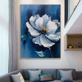 Blue Original Flower Oil Painting On Canvas Large Blue Wall Art Abstract Floral Painting 3D Blue Flower Textured Wall Art Living Room Decor (Style: 01, size: 60x90cm)