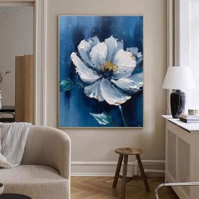 Blue Original Flower Oil Painting On Canvas Large Blue Wall Art Abstract Floral Painting 3D Blue Flower Textured Wall Art Living Room Decor (Style: 01, size: 80x120cm)