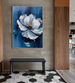 Blue Original Flower Oil Painting On Canvas Large Blue Wall Art Abstract Floral Painting 3D Blue Flower Textured Wall Art Living Room Decor (Style: 01, size: 70x100cm)