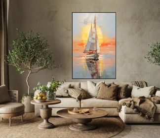 Abstract Sailboats 100% Handmade Sunset Seascape Boat Painting Textured Painting Acrylic Oil Painting Wall Decor Living Room Sea Art (Style: 01, size: 90x130cm)