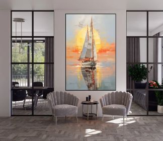Abstract Sailboats 100% Handmade Sunset Seascape Boat Painting Textured Painting Acrylic Oil Painting Wall Decor Living Room Sea Art (Style: 01, size: 120x160cm)