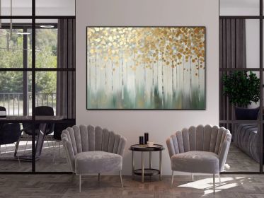 Golden Trees 100% Handmade Gold Leaf Textured Painting Acrylic Oil Painting Golden Tree Leaves Office Wall Art Abstract Forest (Style: 01, size: 50x70cm)