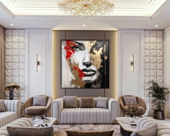 Woman Face Gold Leaf 100% Handmade Black Red Textured Painting Acrylic Abstract Oil Painting Wall Decor Living Room Office Wall Art (Style: 01, size: 60x60cm)
