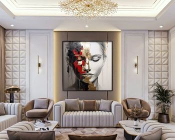 Woman Face 100% Handmade Gold Leaf Portrait Gray Face Red Lipstick Textured Painting Acrylic Abstract Painting Woman Portrait (Style: 01, size: 80x80cm)
