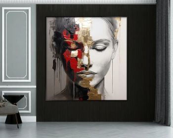 Woman Face 100% Handmade Gold Leaf Portrait Gray Face Red Lipstick Textured Painting Acrylic Abstract Painting Woman Portrait (Style: 01, size: 100x100cm)