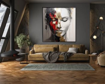 Woman Face 100% Handmade Gold Leaf Portrait Gray Face Red Lipstick Textured Painting Acrylic Abstract Painting Woman Portrait (Style: 01, size: 120x120cm)