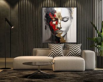 Woman Face 100% Handmade Gold Leaf Portrait Gray Face Red Lipstick Textured Painting Acrylic Abstract Painting Woman Portrait (Style: 01, size: 140x140cm)