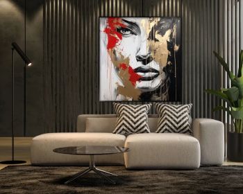 Woman Face Gold Leaf 100% Handmade Black Red Textured Painting Acrylic Abstract Oil Painting Wall Decor Living Room Office Wall Art (Style: 01, size: 120x120cm)
