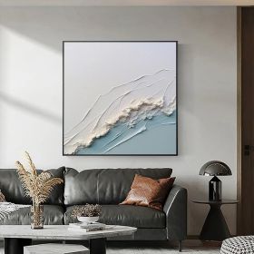 3D White Ocean Wave Oil Painting On Canvas Minimalist White Blue Sea Wave Painting Wabi-Sabi Art Modern Handmade 3D Waves Textured Wall Art (Style: 01, size: 50x50cm)