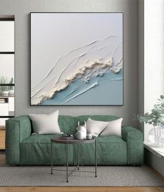 3D White Ocean Wave Oil Painting On Canvas Minimalist White Blue Sea Wave Painting Wabi-Sabi Art Modern Handmade 3D Waves Textured Wall Art (Style: 01, size: 80x80cm)