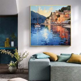 Abstract Coastal Landscape Oil Painting On Canvas Large Wall Art Original Mediterranean Art Custom Painting Blue Ocean Decor Cityscape Art (Style: 01, size: 50x50cm)