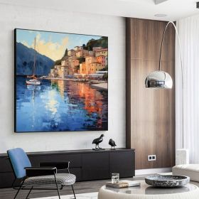 Abstract Coastal Landscape Oil Painting On Canvas Large Wall Art Original Mediterranean Art Custom Painting Blue Ocean Decor Cityscape Art (Style: 01, size: 120x120cm)