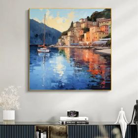 Abstract Coastal Landscape Oil Painting On Canvas Large Wall Art Original Mediterranean Art Custom Painting Blue Ocean Decor Cityscape Art (Style: 01, size: 140x140cm)