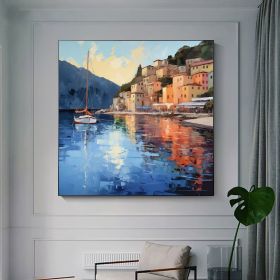 Abstract Coastal Landscape Oil Painting On Canvas Large Wall Art Original Mediterranean Art Custom Painting Blue Ocean Decor Cityscape Art (Style: 01, size: 160x160cm)