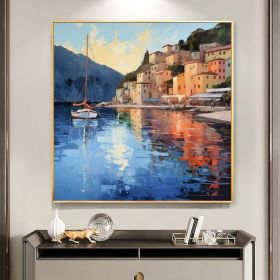 Abstract Coastal Landscape Oil Painting On Canvas Large Wall Art Original Mediterranean Art Custom Painting Blue Ocean Decor Cityscape Art (Style: 01, size: 60x60cm)