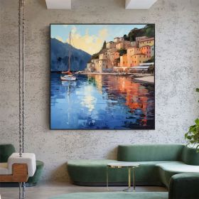 Abstract Coastal Landscape Oil Painting On Canvas Large Wall Art Original Mediterranean Art Custom Painting Blue Ocean Decor Cityscape Art (Style: 01, size: 80x80cm)
