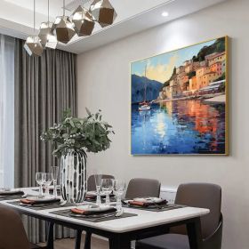 Abstract Coastal Landscape Oil Painting On Canvas Large Wall Art Original Mediterranean Art Custom Painting Blue Ocean Decor Cityscape Art (Style: 01, size: 100x100cm)