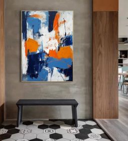 Large Original Abstract Painting Orange Textured Art Blue Abstract Painting Geometric Acrylic Painting on Canvas Modern Canvas Wall Art (Style: 01, size: 50x70cm)