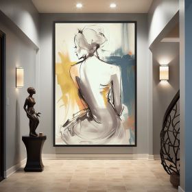 Handmade Oil Painting Beautiful Woman Line Art On Canvas Wall Art Figure Painting Colorful Acrylic Abstract Painting Modern Art Grey And Yellow Wall A (Style: 01, size: 90x130cm)