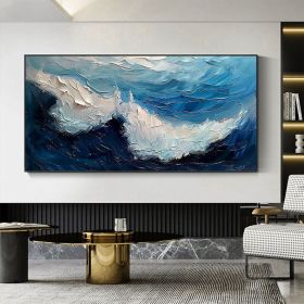 Original Blue Ocean Painting on Canvas Large Abstract Textured Sea Waves Seascape Wall Art Fashion Living Room Home Decor Personalized Gift (Style: 01, size: 140x280cm)