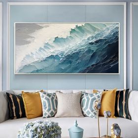 Original Ocean Wave Oil Painting On Canvas Large Wall Art Abstract Minimalist Painting Custom Blue Sea Wall Art Living Room Decor Gift (Style: 01, size: 100x200cm)