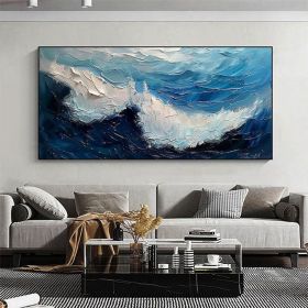 Original Blue Ocean Painting on Canvas Large Abstract Textured Sea Waves Seascape Wall Art Fashion Living Room Home Decor Personalized Gift (Style: 01, size: 70x140cm)