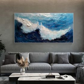 Original Blue Ocean Painting on Canvas Large Abstract Textured Sea Waves Seascape Wall Art Fashion Living Room Home Decor Personalized Gift (Style: 01, size: 100x200cm)