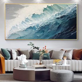Original Ocean Wave Oil Painting On Canvas Large Wall Art Abstract Minimalist Painting Custom Blue Sea Wall Art Living Room Decor Gift (Style: 01, size: 140x280cm)