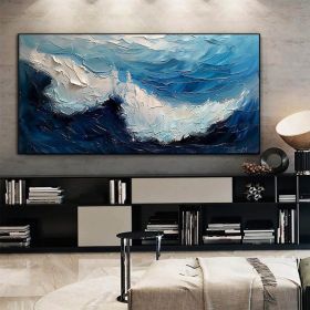 Original Blue Ocean Painting on Canvas Large Abstract Textured Sea Waves Seascape Wall Art Fashion Living Room Home Decor Personalized Gift (Style: 01, size: 60x120cm)