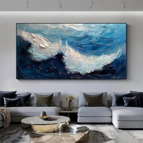 Original Blue Ocean Painting on Canvas Large Abstract Textured Sea Waves Seascape Wall Art Fashion Living Room Home Decor Personalized Gift (Style: 01, size: 40x80cm)