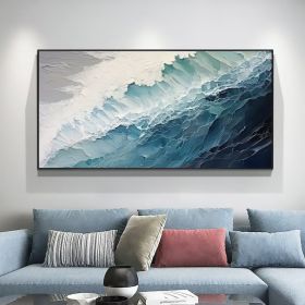 Original Ocean Wave Oil Painting On Canvas Large Wall Art Abstract Minimalist Painting Custom Blue Sea Wall Art Living Room Decor Gift (Style: 01, size: 70x140cm)