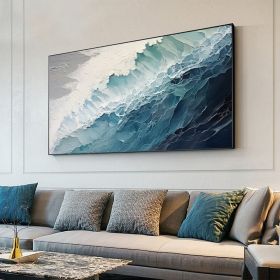 Original Ocean Wave Oil Painting On Canvas Large Wall Art Abstract Minimalist Painting Custom Blue Sea Wall Art Living Room Decor Gift (Style: 01, size: 60x120cm)